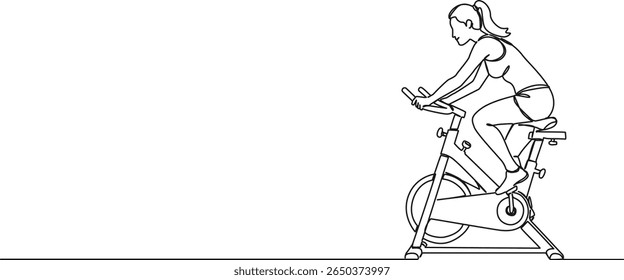 continuous single line drawing of woman exercising on indoor cycling bike, line art vector illustration