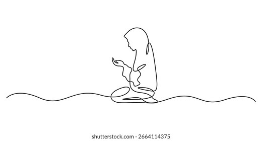 Desenho contínuo de uma única linha de oração muçulmana. Ilustração de desenho de uma linha de mulheres rezando por cartão de saudação. Ilustração vetorial do conceito de Ramadan Kareem