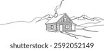 continuous single line drawing of wooden cabin in the mountains, line art vector illustration