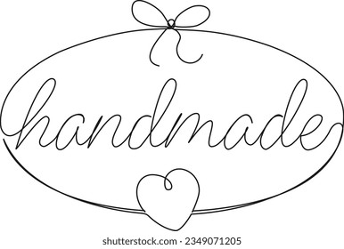 continuous single line drawing of word HANDMADE with heart and bow knot, line art vector illustration