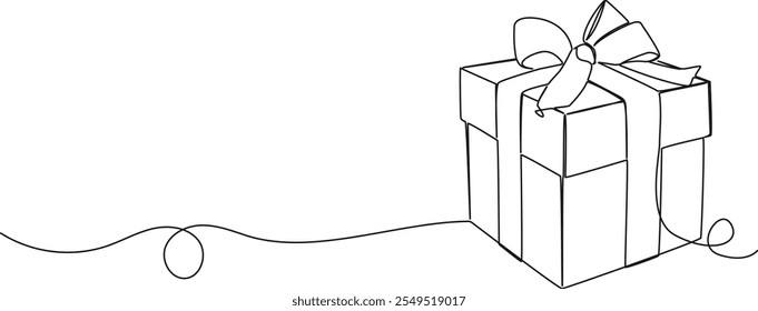 continuous single line drawing of wrapped gift box, line art vector illustration