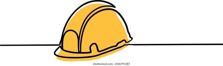 Continuous single line drawing of yellow hard hat or safety helmet, Construction helmet line art vector illustration with copy space, good for poster, greeting, safety first, international labour day