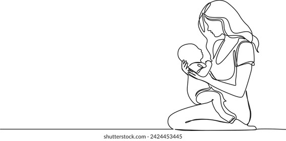 continuous single line drawing of yong mother holding baby, line art vector illustration