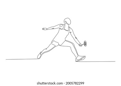 Continuous single line drawing of young agile badminton player take a hit from opponent. Sport training concept. Trendy one line draw design vector illustration for badminton tournament publication
