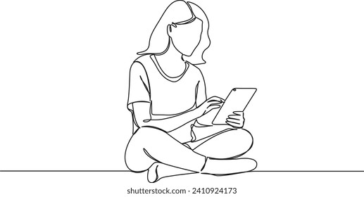 continuous single line drawing of young woman sitting on floor using tablet computer, line art vector illustration