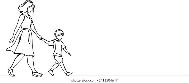 continuous single line drawing of young boy walking by the hand of his mother, line art vector illustration