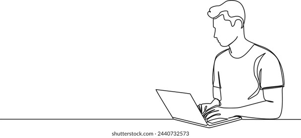 continuous single line drawing of young man using laptop computer, line art vector illustration