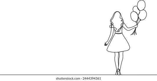 continuous single line drawing of young woman with balloons, line art vector illustration