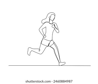 Continuous single line drawing of young woman is running fast on a straight track. Healthy sport training concept. Design vector illustration
