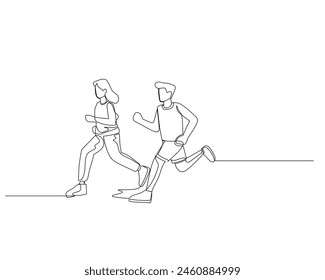 Continuous single line drawing of young man and woman jogging together on a straight track. Healthy sport training concept. Design vector illustration