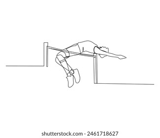 Continuous single line drawing of young energetic man exercise jump high to pass the bar. Healthy sport training concept. Competition event. Design vector illustration
