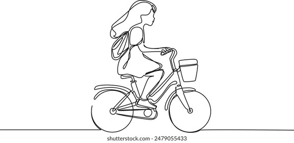 continuous single line drawing of young girl with daybag riding on childrens bicycle, line art vector illustration