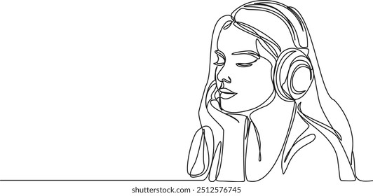 continuous single line drawing of young woman with closed eyes listening to music using headphones, line art vector illustration