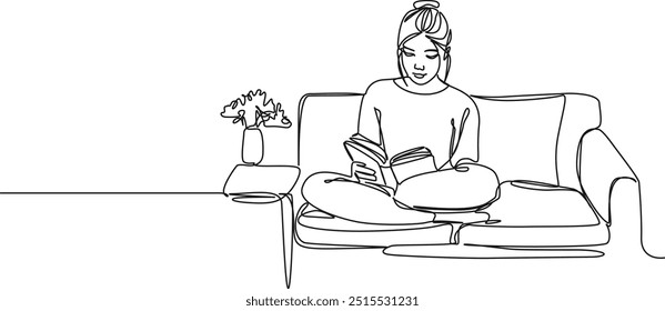 continuous single line drawing of young woman sitting on sofa reading a book, line art vector illustration