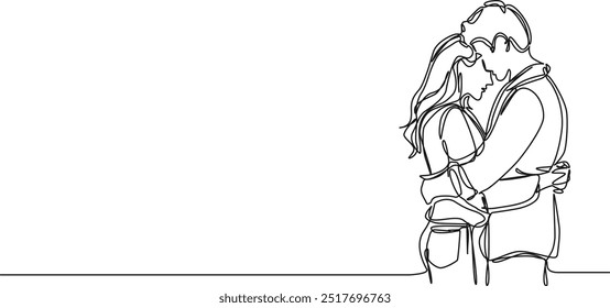continuous single line drawing of young couple hugging, line art vector illustration