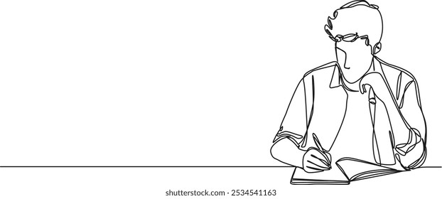 continuous single line drawing of young man taking notes in journal, line art vector illustration