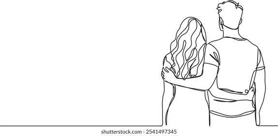 continuous single line drawing of young man and woman with arms around each other, rear view, line art vector illustration