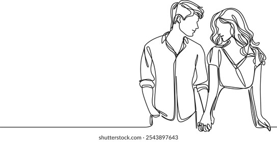 continuous single line drawing of young man and woman holding hands while looking at each other, line art vector illustration