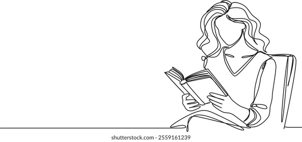 continuous single line drawing of young woman reading a book, line art vector illustration