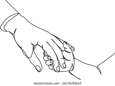 continuous single line drawing of young childs hand holding parents hand, line art vector illustration