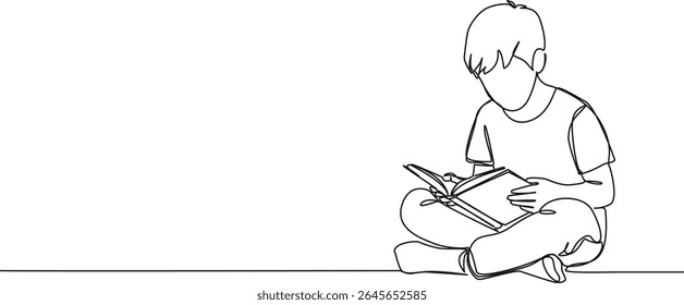 continuous single line drawing of young boy sitting on floor reading a novel, line art vector illustration