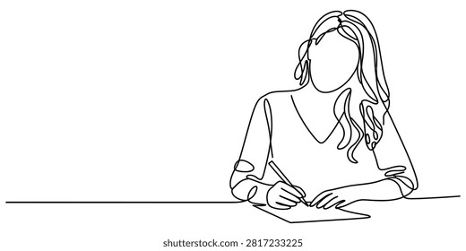 Continuous single line drawing of a young woman writing on a piece of paper with a pen at a desk in a minimalist style Vector, illustration
