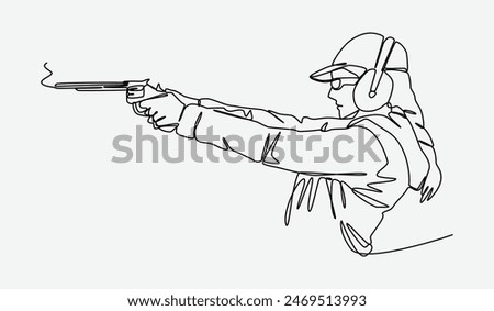 Continuous single line drawing of young girl holding a gun and practicing aiming at target shooting. Editable stroke. Vector illustration.