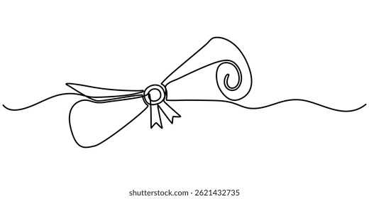  Continuous single line drawn, certificate or diploma with award badge . Single line drawn badge academic scroll paper,. Vector illustration. diploma scroll graduation continuous one line drawing.