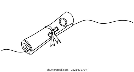  Continuous single line drawn, certificate or diploma with award badge . Single line drawn badge academic scroll paper,. Vector illustration. diploma scroll graduation continuous one line drawing.