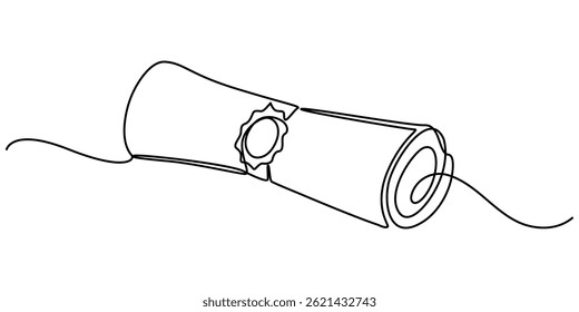  Continuous single line drawn, certificate or diploma with award badge . Single line drawn badge academic scroll paper,. Vector illustration. diploma scroll graduation continuous one line drawing.
