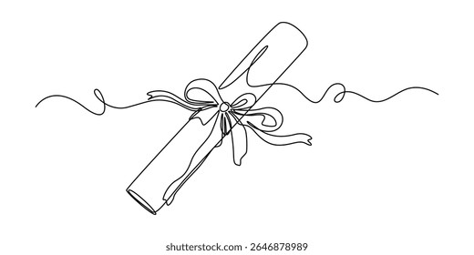 Continuous single line drawn, certificate or diploma with award badge . Single line drawn badge academic scroll paper,. Vector illustration, continuous line drawing of a rolled diploma with ribbon bow