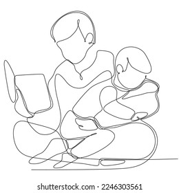 
continuous single line drawn father reading a book to little son hand drawn silhouette illustration. Art line. doodle