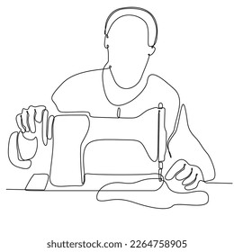 
continuous single line drawn handsome man sewing behind the silhouette of a hand drawn sewing machine. Art line. Illustration Sewing men Silhouette of a man sitting with a sewing machine isolated.