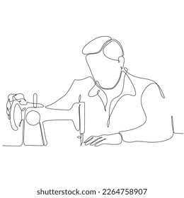 
continuous single line drawn handsome man sewing behind the silhouette of a hand drawn sewing machine. Art line. Illustration Sewing men Silhouette of a man sitting with a sewing machine isolated.