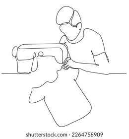 
continuous single line drawn handsome man sewing behind the silhouette of a hand drawn sewing machine. Art line. Illustration Sewing men Silhouette of a man sitting with a sewing machine isolated.