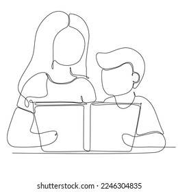 continuous single line drawn mother reading a book to little child hand drawn silhouette illustration. Art line. doodle