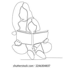 una línea contínua dibujó a la madre leyendo un libro a una pequeña ilustración de silueta dibujada a mano infantil. Línea de arte. garabato