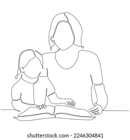una línea contínua dibujó a la madre leyendo un libro a una pequeña ilustración de silueta dibujada a mano infantil. Línea de arte. garabato