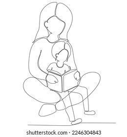 una línea contínua dibujó a la madre leyendo un libro a una pequeña ilustración de silueta dibujada a mano infantil. Línea de arte. garabato