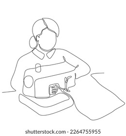 continuous single line drawn woman sewing behind hand drawn sewing machine silhouette. Art line. Woman Sewing Silhouette Illustration Woman sitting with sewing machine isolated.