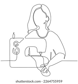 continuous single line drawn woman sewing behind hand drawn sewing machine silhouette. Art line. Woman Sewing Silhouette Illustration Woman sitting with sewing machine isolated.