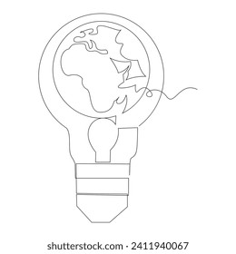 continuous single line earth globe world map outline vector art drawing and world earth hour concept simple design