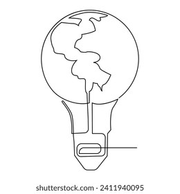 continuous single line earth globe world map outline vector art drawing and world earth hour concept simple design