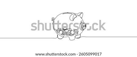 Continuous single line, financial illustration, piggy bank with coins inside. with transparent background.
