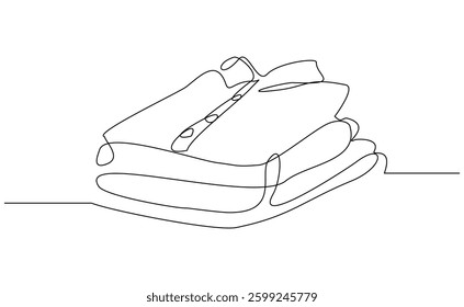 Continuous single line of folds stack pile of clothes. Sketch drawing editable stroke laundry household housework concept vector illustration