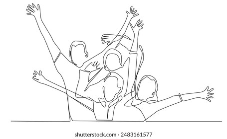 continuous single line group of happy people.one line vector illustration of group of people of different races rejoicing stretching hands.isolated white background