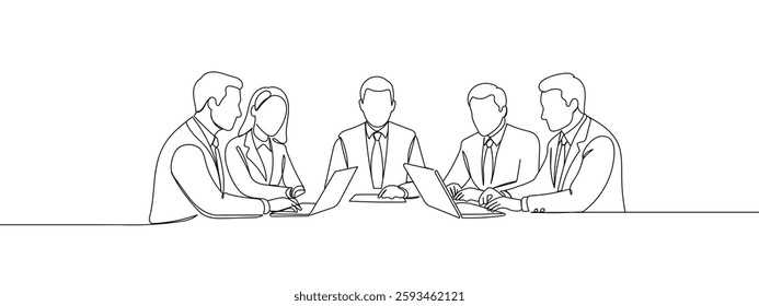 Continuous single line, group of people, management, collaboration, meeting, group of people meeting, executive, business illustration line art vector illustration with transparent background.