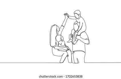 Continuous single line hand drawn vector of happy family at home 