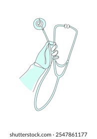 Continuo de una sola línea dibujado a mano de estetoscopio en la mano aislado en blanco, Carrera, atención médica y concepto médico, Ilustración vectorial, color azul-verde, trazo editable