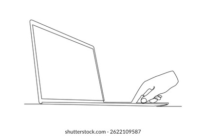 Digitação contínua de uma única linha de dedos da mão no notebook para o trabalho de escritório comercial ou conceito de mídia social. Ilustração de vetor de desenho de esboço de traçado editável	